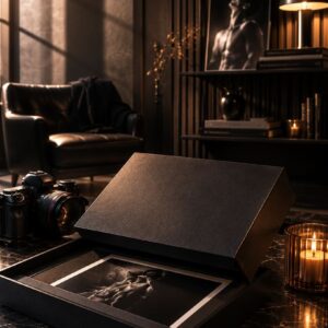 Edle Präsentationsbox mit Fine-Art-Fotoabzug und Kamera – persönlicher Kundenbereich bei Snapshot.style, Fotostudio Hitzkirch