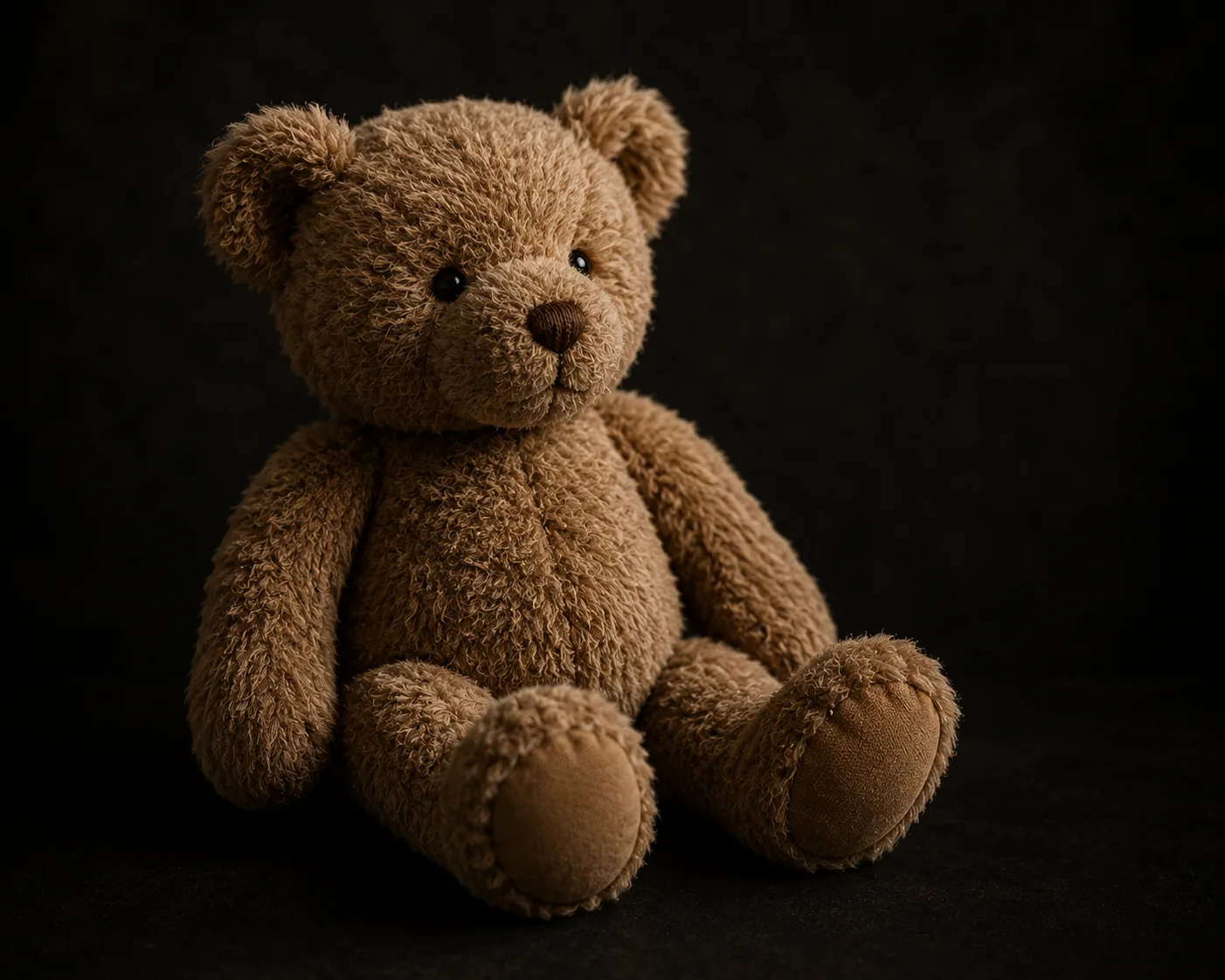 Brauner Teddybär vor dunklem Hintergrund – das Lieblingsstück darf mit zum Familienshooting