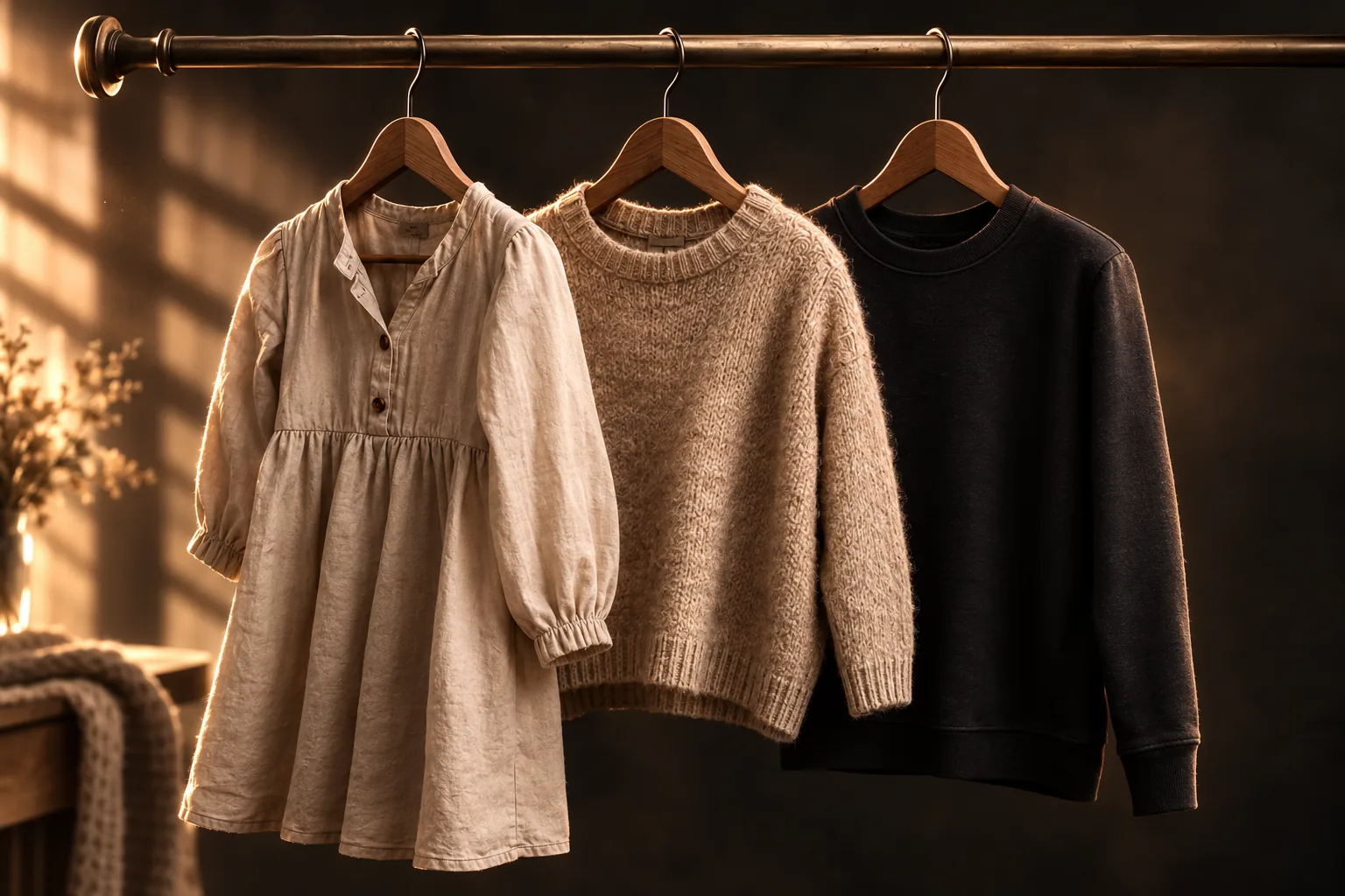 Drei Outfits fürs Familienshooting auf einer Kleiderstange: Leinenkleid, Strickpullover und dunkler Pullover in abgestimmten Naturtönen