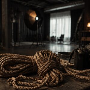 Fine-Art Shibari, Jute-Seil und Kamera im dunklen Fotostudio Hitzkirch, Luzerner Seetal