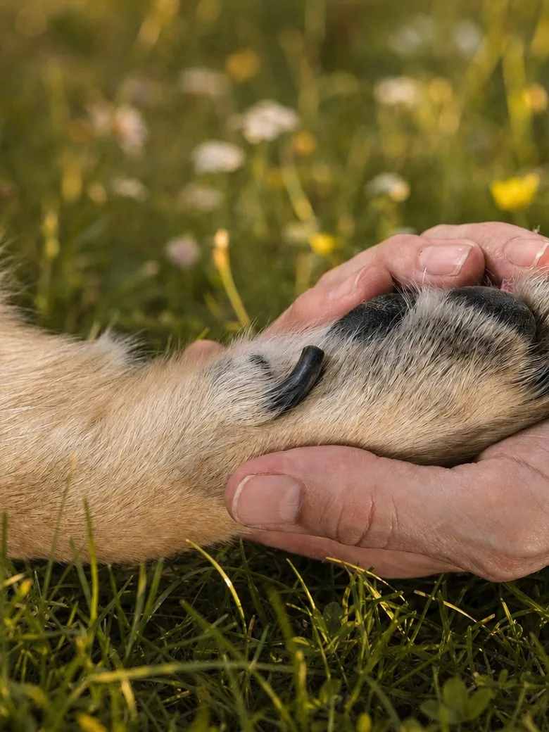 Tierfotografie – Hundepfote liegt vertrauensvoll in einer Menschenhand auf einer Sommerwiese | Studio Hitzkirch Luzern