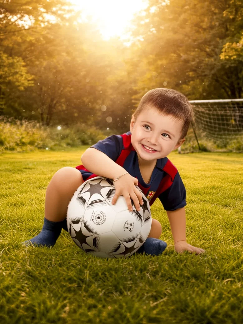 Family & Kids Fotoshooting - lachender Junge mit Fussball auf der Wiese, Snapshot.style Fotograf Luzern