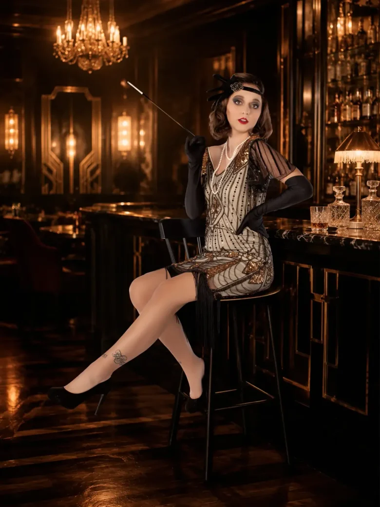 Frau im goldenen Paillettenkleid mit Federhaarband und Zigarettenspitze auf einem Barhocker in einer Art-déco-Bar – Make-over-Shooting Studio Hitzkirch