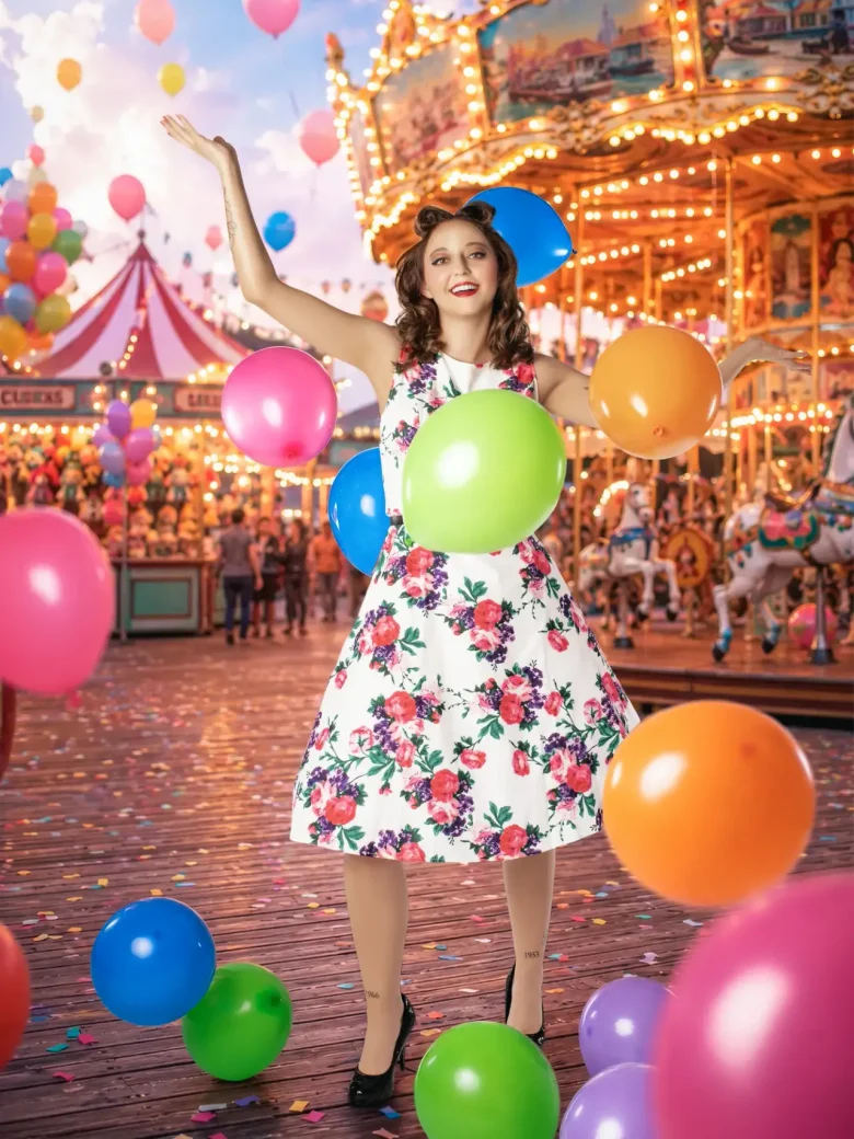 Lachende Frau im Blumenkleid mit Pin-up-Frisur zwischen bunten Luftballons vor einem beleuchteten Karussell – Make-over-Shooting Snapshot.style Hitzkirch