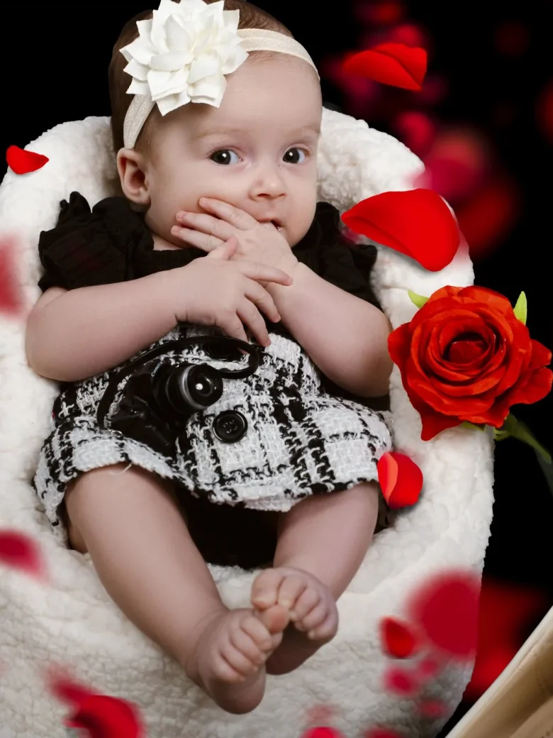 Fine-Art Newborn Fotografie – Baby mit Blumen-Haarband im schwarz-weissen Kleid in weissem Koerbchen zwischen roten Rosenblaettern, Studio Hitzkirch Luzern